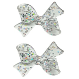 Aplique acrílico laço transparente c/ estrelas - 4 x 6.5 cm c/ 2 unds