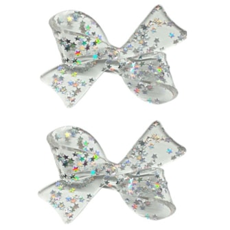 Aplique acrílico laço transparente c/ estrelas - 4 x 6.5 cm c/ 2 unds