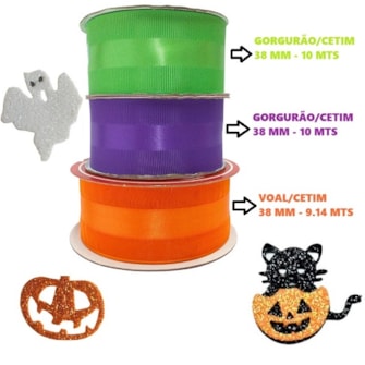 Kit hallowen  ( 2 fitas gorgurão/cetim - 10 mts + 1 fita voal/cetim - 9.14 mts + 3 apliques e.v.a)