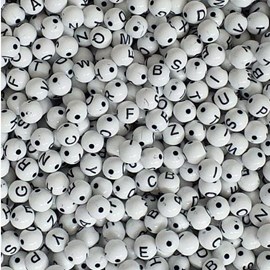 Miçanga bola branca c/ letras preta - 8 mm c/ 50 grs